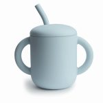 Mushie. Ποτηράκι Σιλικόνης με Χερούλια και Καλαμάκι Powder Blue